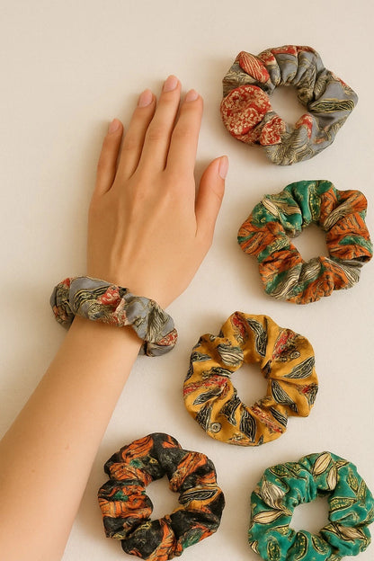 Sanskriti Vintage Handmade Silk 5/10 Pcs Scrunchies Upcycled Silk Hair Ties, Assorted Colors Eco Friendly Soft Oversized Ponytail Holders