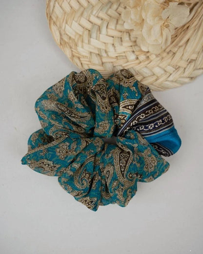 Sanskriti Vintage Handmade Silk 5/10 Pcs Scrunchies Upcycled Silk Hair Ties, Assorted Colors Eco Friendly Soft Oversized Ponytail Holders