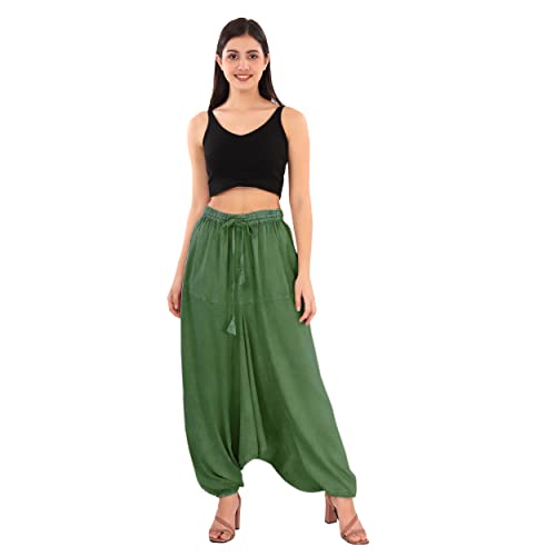 Skirts N Scarves Unisex Green Color Harem Pants with Elastic Waistband and Drawstring
