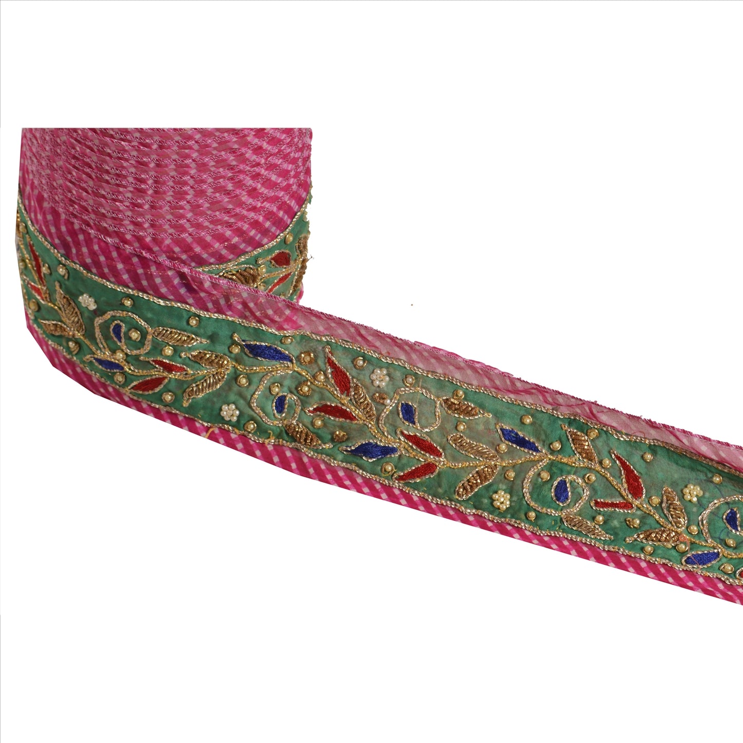 Sanskriti Vintage Sari Border Hand Beaded Leheria 1 Yd Trim Sewing Pink Lace