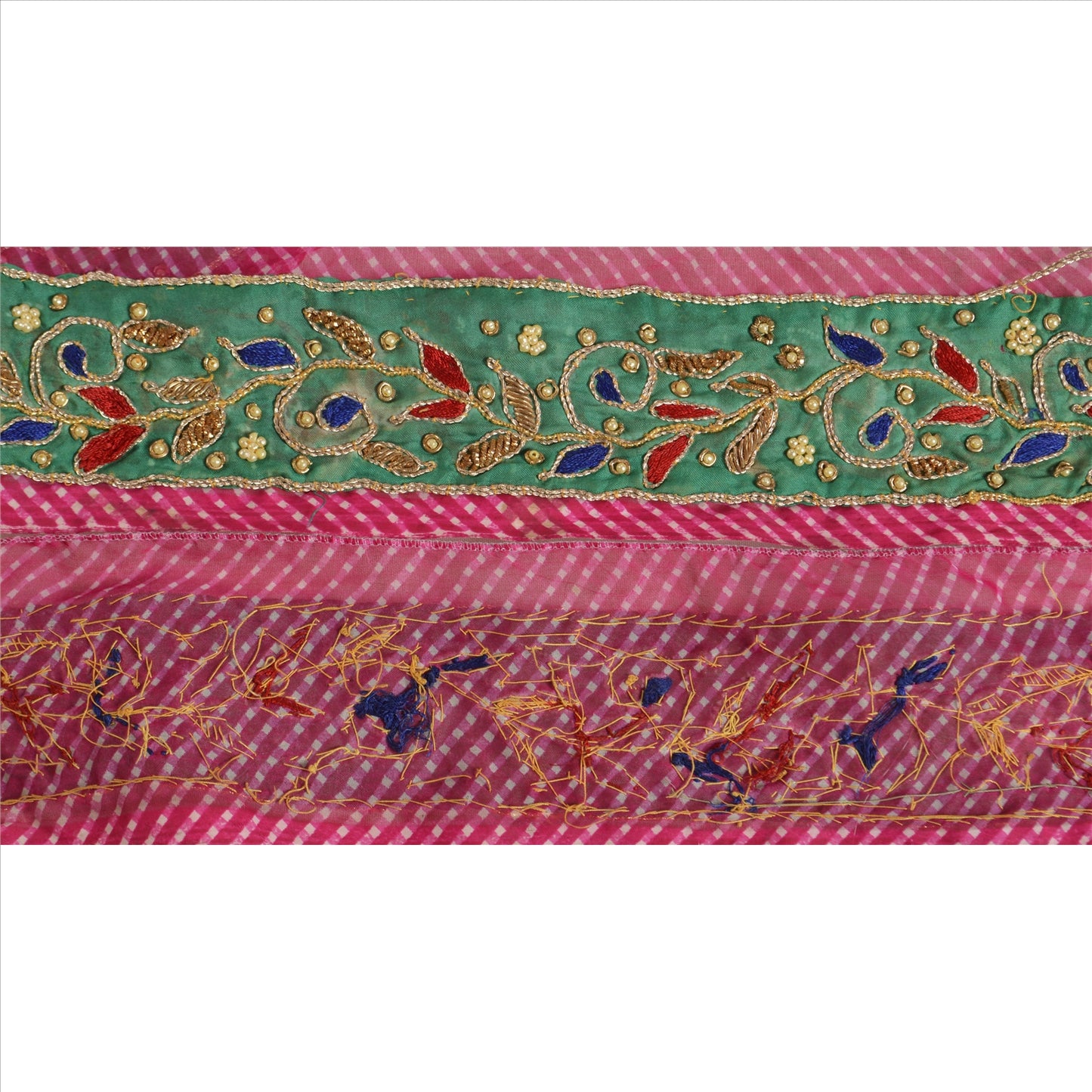 Sanskriti Vintage Sari Border Hand Beaded Leheria 1 Yd Trim Sewing Pink Lace