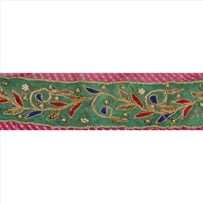 Sanskriti Vintage Sari Border Hand Beaded Leheria 1 Yd Trim Sewing Pink Lace