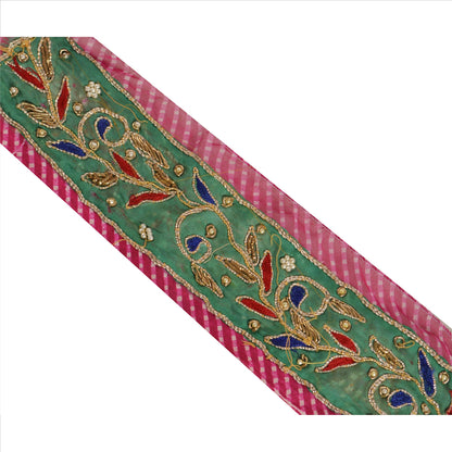 Sanskriti Vintage Sari Border Hand Beaded Leheria 1 Yd Trim Sewing Pink Lace