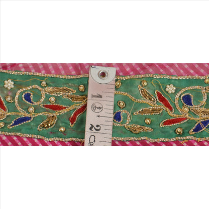 Sanskriti Vintage Sari Border Hand Beaded Leheria 1 Yd Trim Sewing Pink Lace