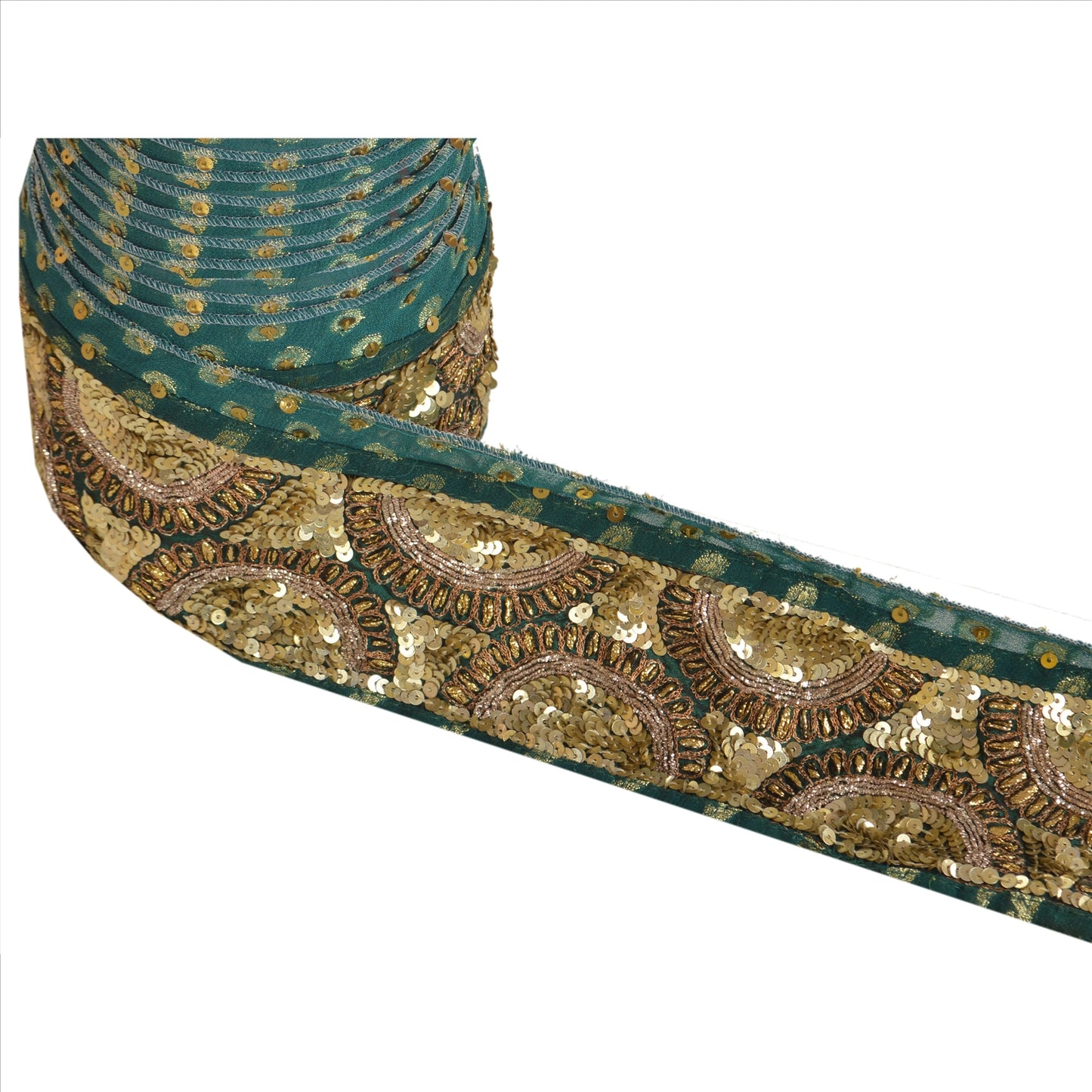 Sanskriti Vintage Sari Border Hand Beaded Woven 1 Yd Trim Sewing Green Lace