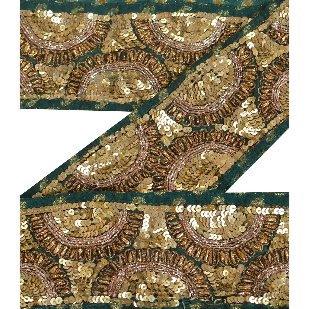 Sanskriti Vintage Sari Border Hand Beaded Woven 1 Yd Trim Sewing Green Lace