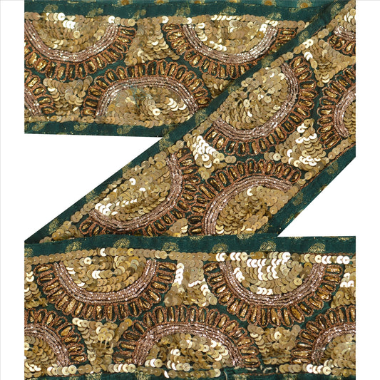 Sanskriti Vintage Sari Border Hand Beaded Woven 1 Yd Trim Sewing Green Lace