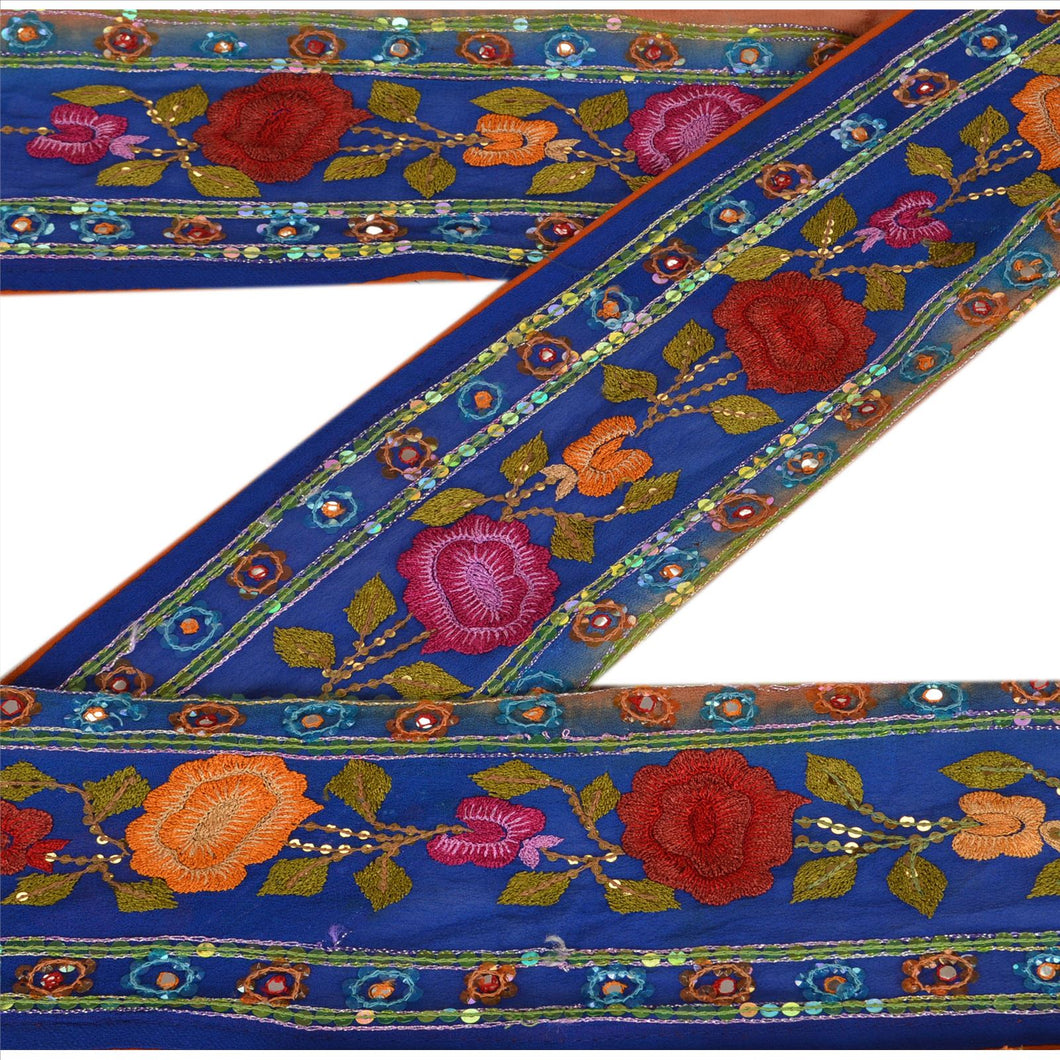 Sanskriti Vintage Sari Border Hand Beaded 2 YD Indian Trim Ribbon Blue Lace