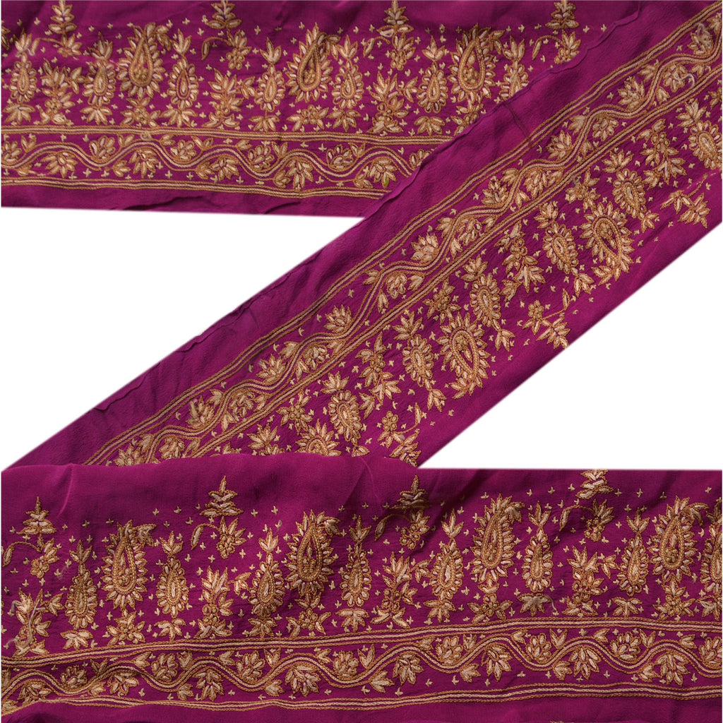 Sanskriti Vintage Sari Border Craft Purple Trim Hand Embroidered 1 Yd Lace