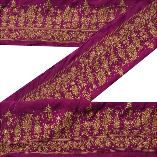 Sanskriti Vintage Sari Border Craft Purple Trim Hand Embroidered 1 Yd Lace