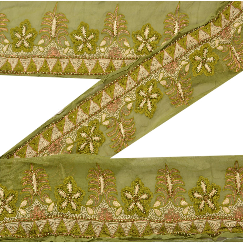 Sanskriti Vintage Sari Kant 1 Yd Håndlavet Grøn Kant Håndperlet Syblonde