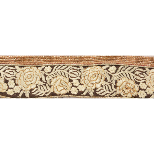 Sanskriti Vintage Sari Border Craft Brown Trim Embroidered 1 Yd Deco Sewing Lace