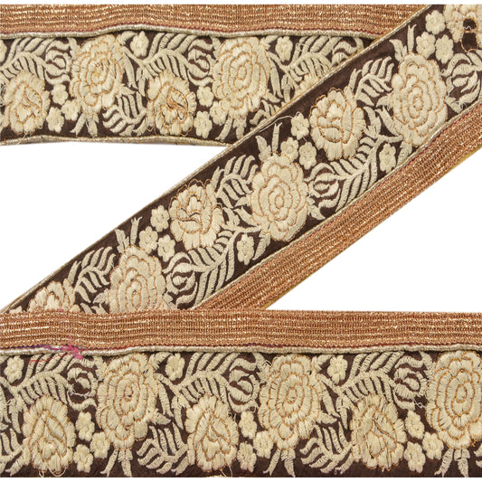 Sanskriti Vintage Sari Border Craft Brown Trim Embroidered 1 Yd Deco Sewing Lace