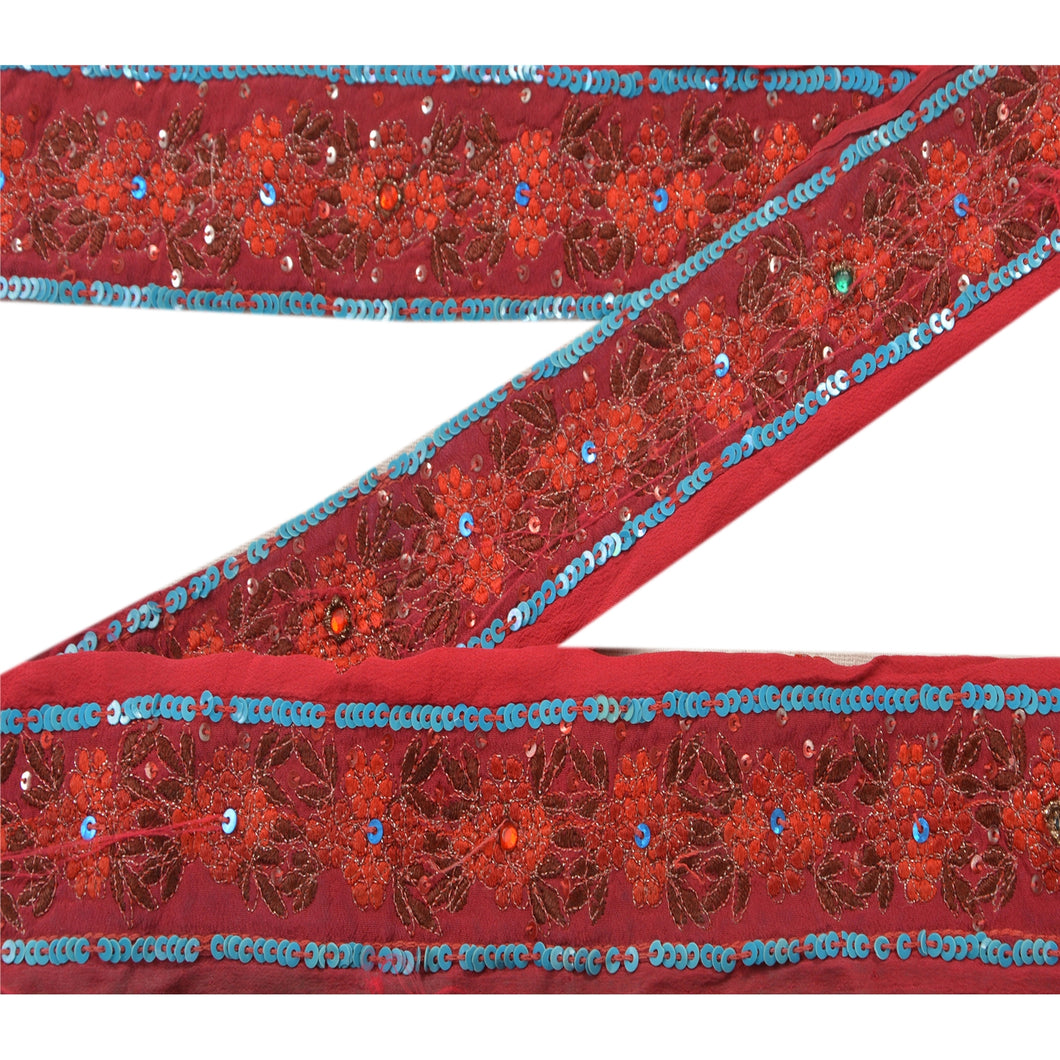 Sanskriti Vintage Sari Border 6 YD Craft Red Trim Hand Beaded Sewing Ribbon Lace