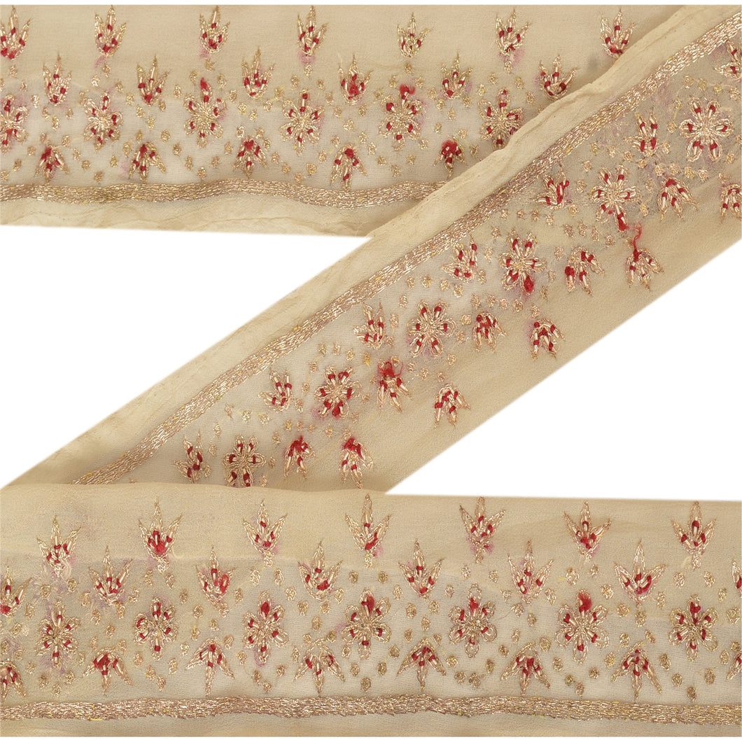 Sanskriti Vintage Sari Border Hand Embroidered 7 YD Trim Sewing Cream Craft Lace