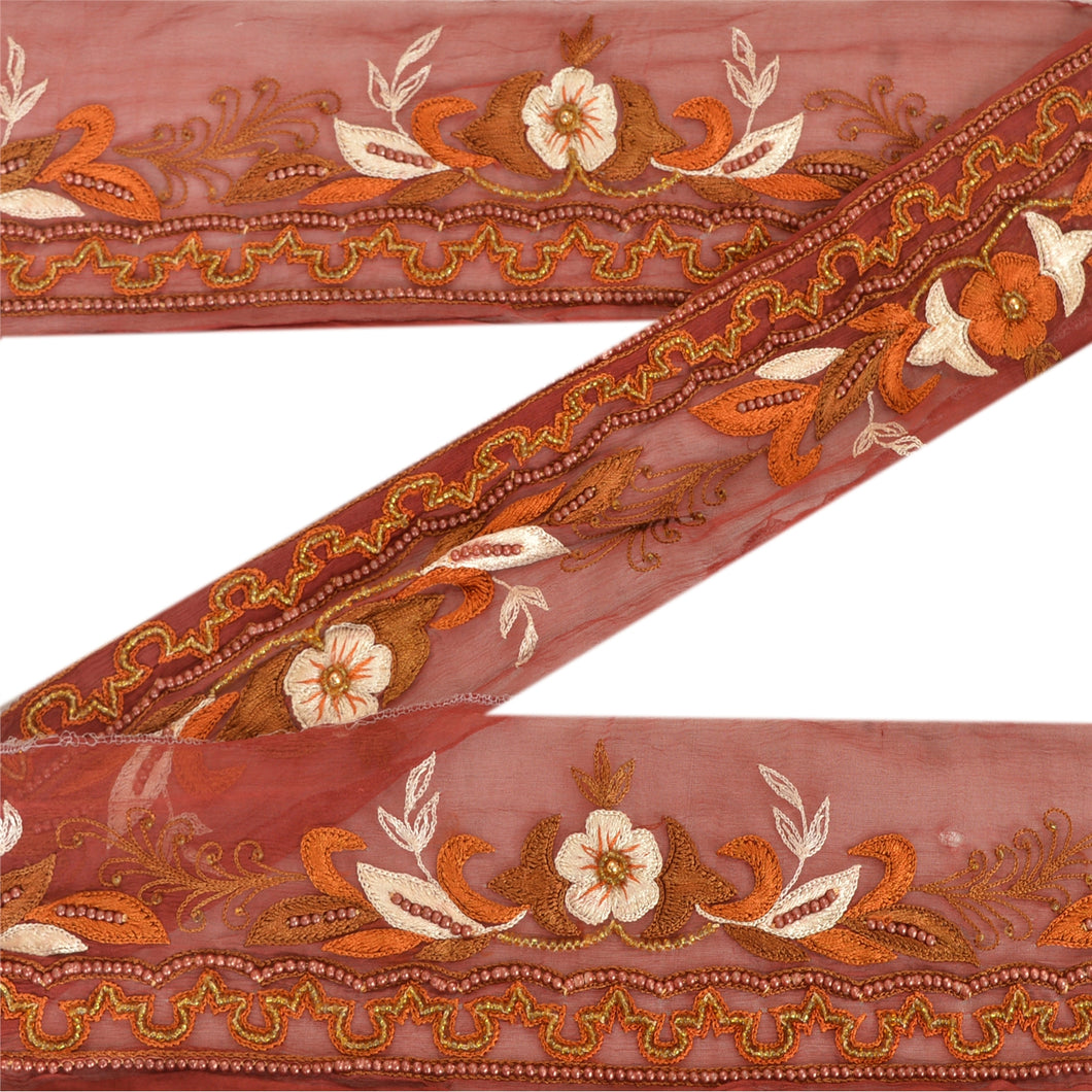 Sanskriti Vintage Sari Border 5 YD Craft Dark Red Trim Hand Beaded Sewing Lace
