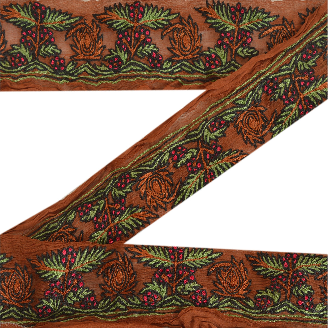 Sanskriti Vintage Sari Border Craft Brown Trim Hand Embroidered 5 YD Ribbon Lace