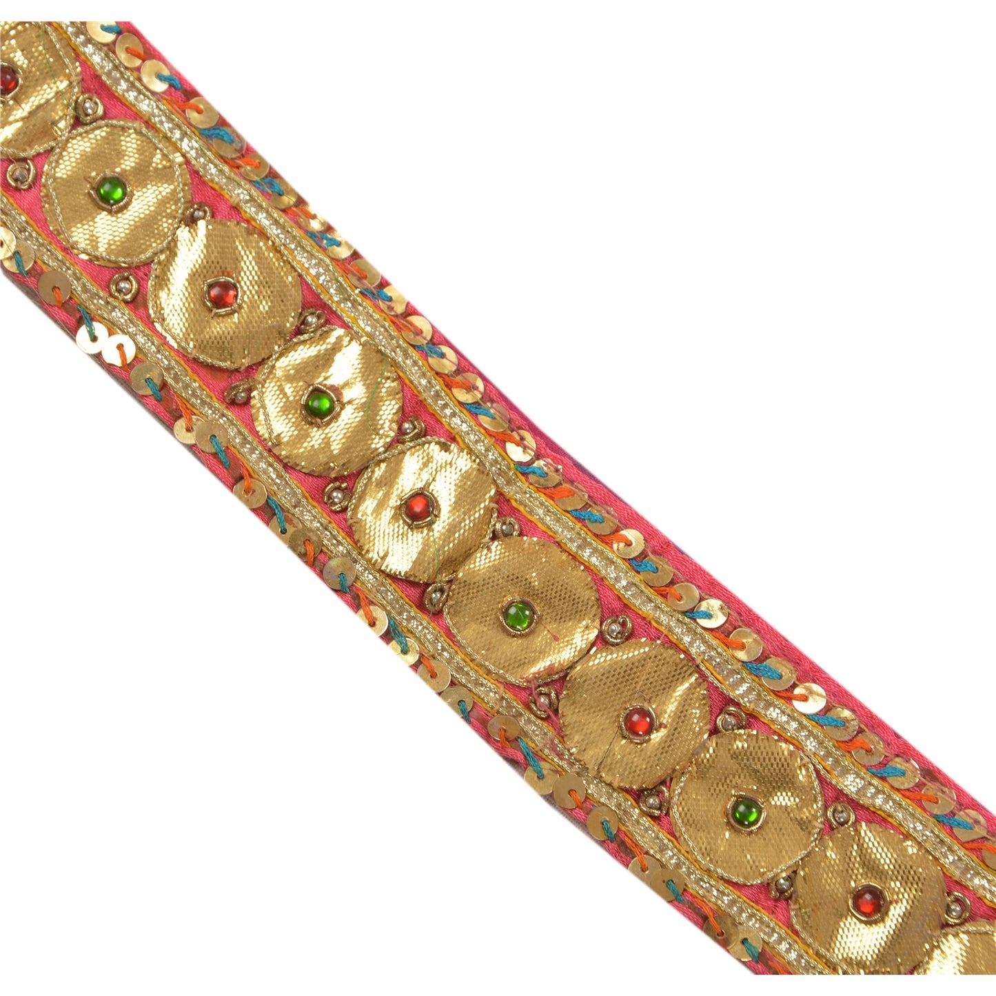 Sanskriti Vintage Sari Border Hand Beaded 1Yd Trim Ribbon Pink Craft Ribbon Lace