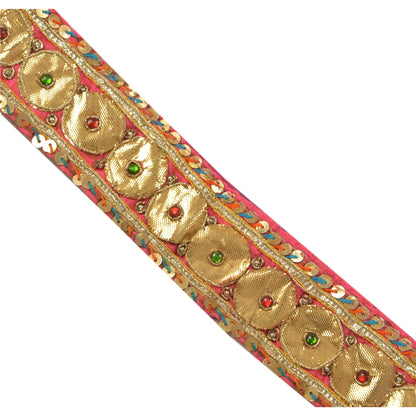 Sanskriti Vintage Sari Border Hand Beaded 1Yd Trim Ribbon Pink Craft Ribbon Lace