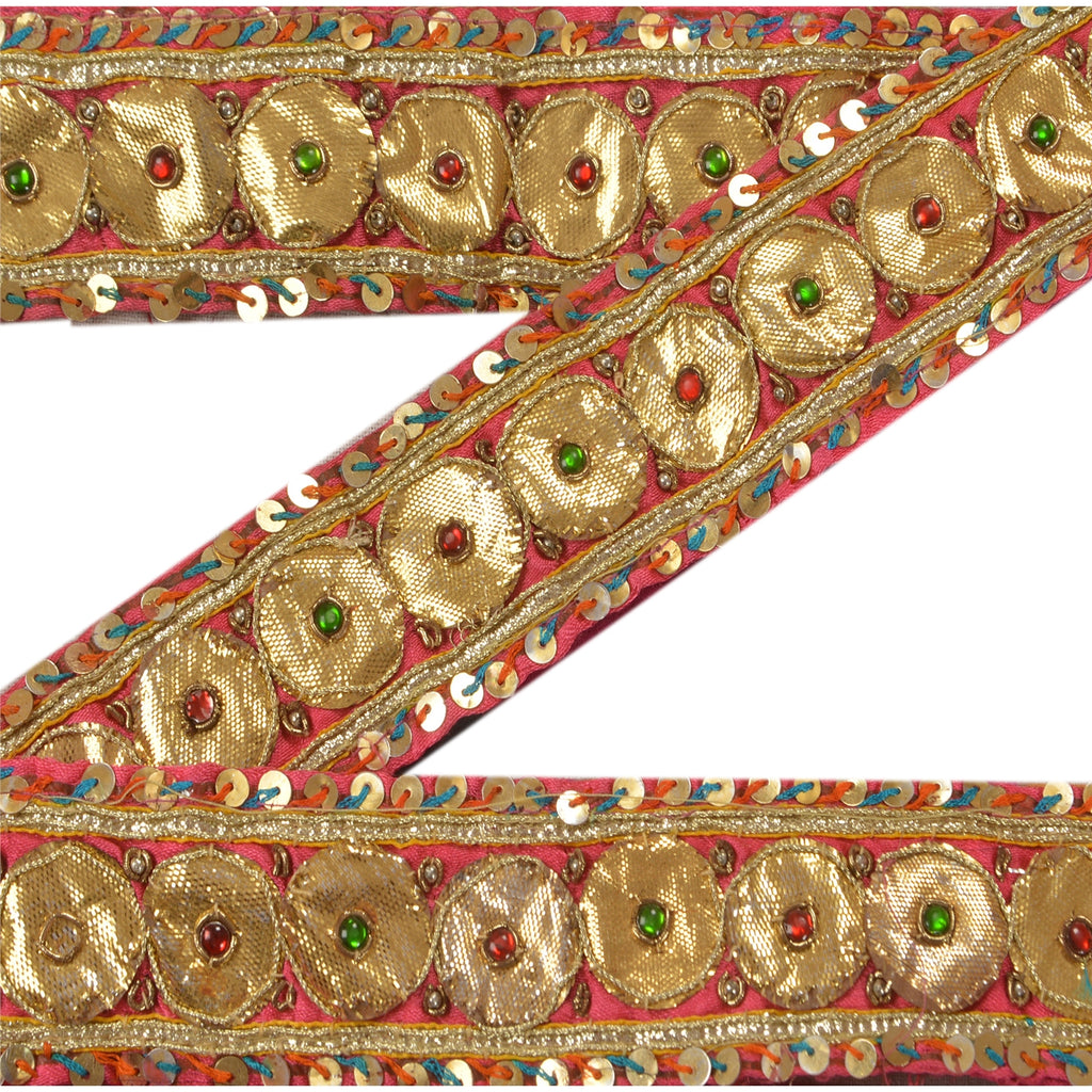 Sanskriti Vintage Sari Border Hand Beaded 1Yd Trim Ribbon Pink Craft Ribbon Lace