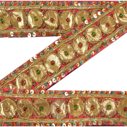 Sanskriti Vintage Sari Border Hand Beaded 1Yd Trim Ribbon Pink Craft Ribbon Lace