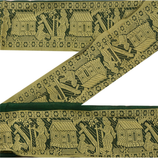 Sanskriti Vintage Sari Border 3"W Baluchari 1 Yd Craft Trim Syning Grøn Blonde
