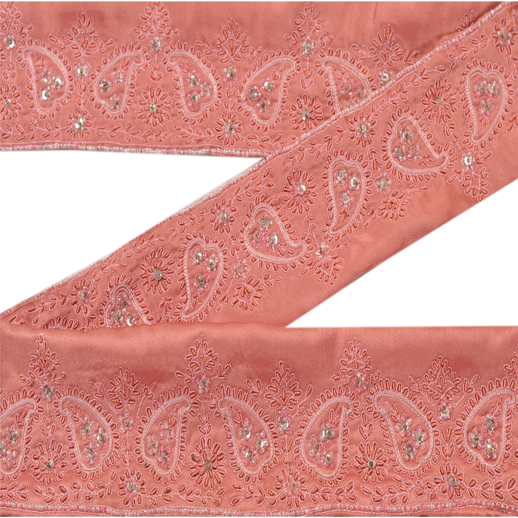 Sanskriti Vintage Sari Border Hand Beaded 6 YD Trim Pink Zardozi Craft Lace