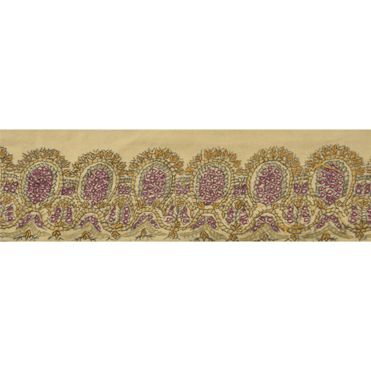 Sanskriti Vintage Sari Border Hand Embroidered Sozni 1 Yd Trim Cream Craft Lace
