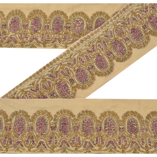 Sanskriti Vintage Sari Border Hand Embroidered Sozni 1 Yd Trim Cream Craft Lace