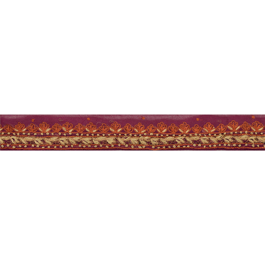 Sanskriti Vintage Sari Border Hand Embroidered 1Yd Craft Trim Ribbon Purple Lace