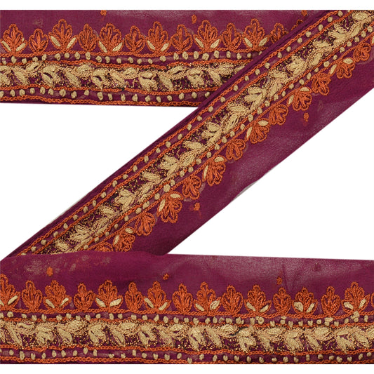 Sanskriti Vintage Sari Border Hand Embroidered 1Yd Craft Trim Ribbon Purple Lace
