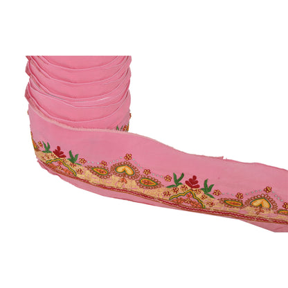 Sanskriti Vintage Sari Border Craft Pink Trim Hand Embroidered 1 Yd Ribbon Lace