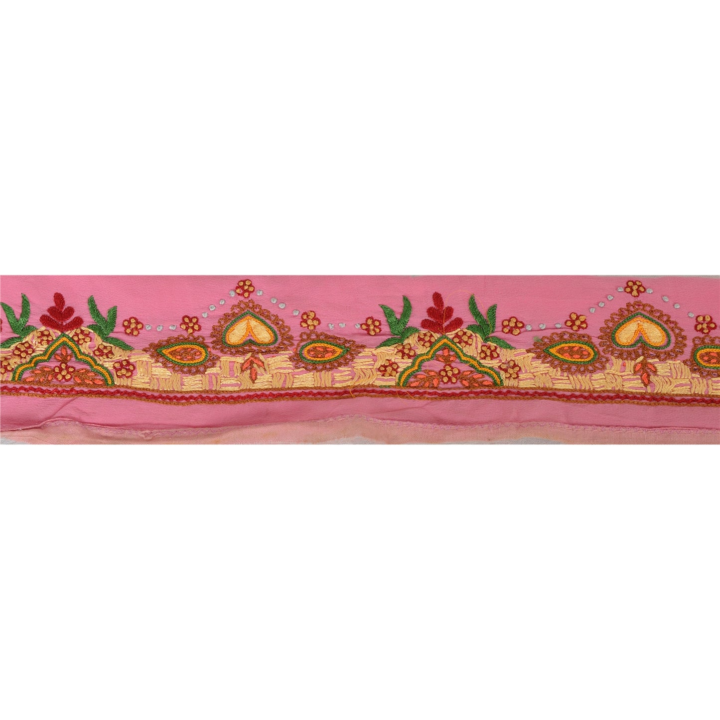 Sanskriti Vintage Sari Border Craft Pink Trim Hand Embroidered 1 Yd Ribbon Lace