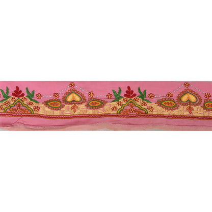 Sanskriti Vintage Sari Border Craft Pink Trim Hand Embroidered 1 Yd Ribbon Lace