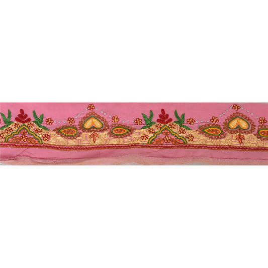 Sanskriti Vintage Sari Border Craft Pink Trim Hand Embroidered 1 Yd Ribbon Lace