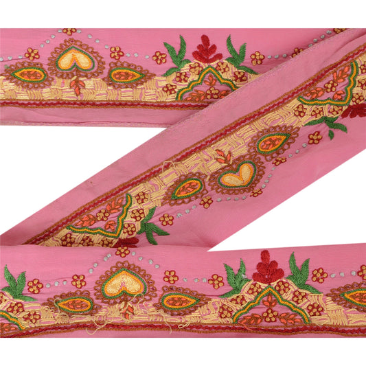 Sanskriti Vintage Sari Border Craft Pink Trim Hand Embroidered 1 Yd Ribbon Lace