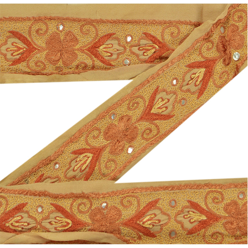 Sanskriti Vintage 1 Yd Sari Border Hand Embroidered Craft Trim Ribbon Cream Lace