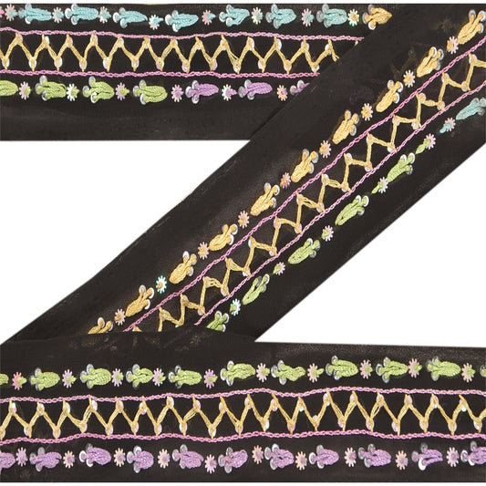 Sanskriti Vintage 1 Yd Sari Border Hand Beaded Craft Trim Ribbon Black Lace