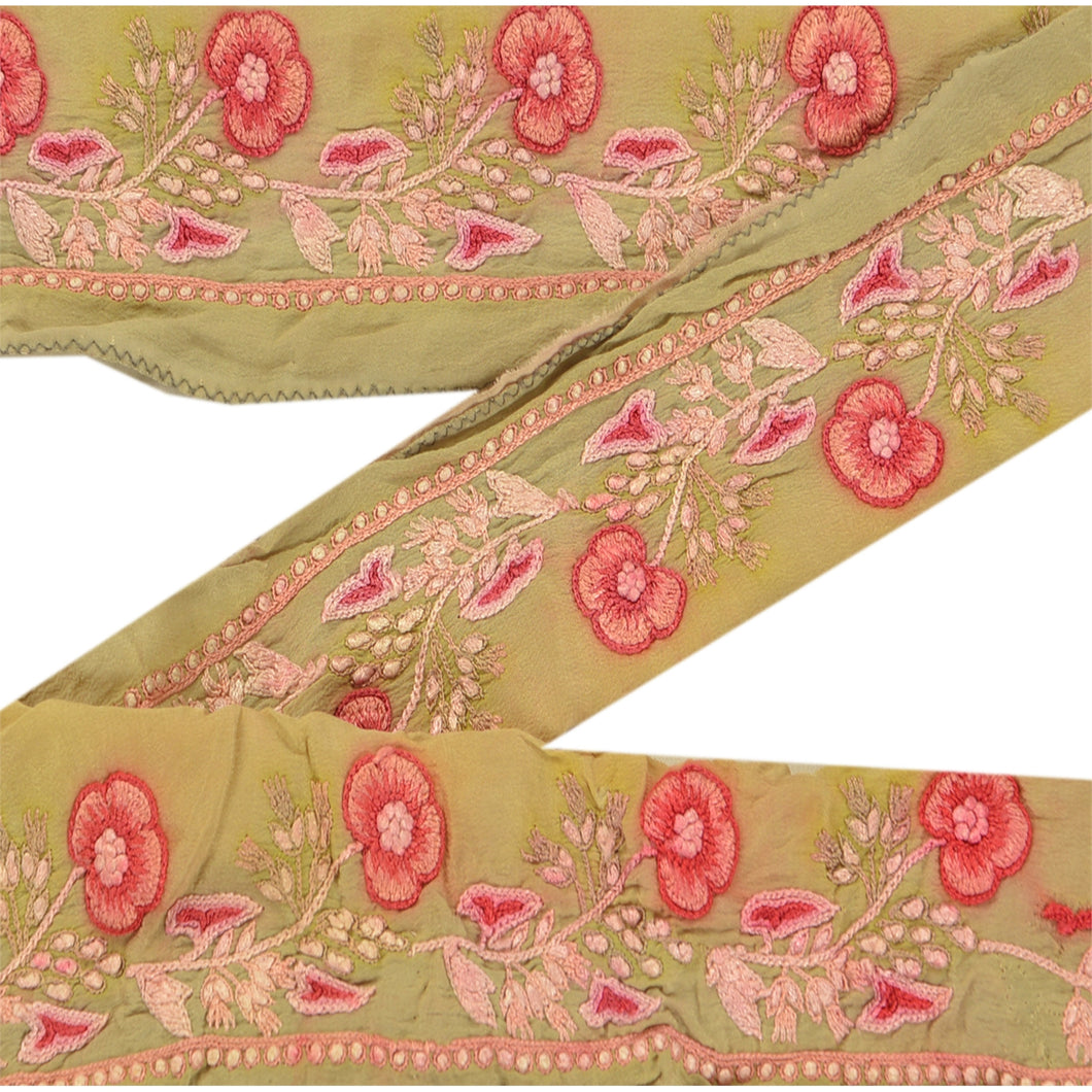 Sanskriti Vintage 6 YD Sari Border Hand Embroidered Craft Trim Ribbon Green Lace