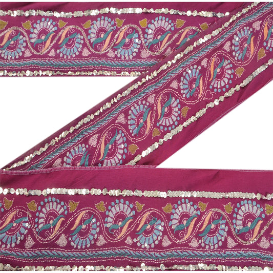 Sanskriti Vintage 1 Yd Sari Border Hand Beaded Craft Trim Sewing Purple Lace