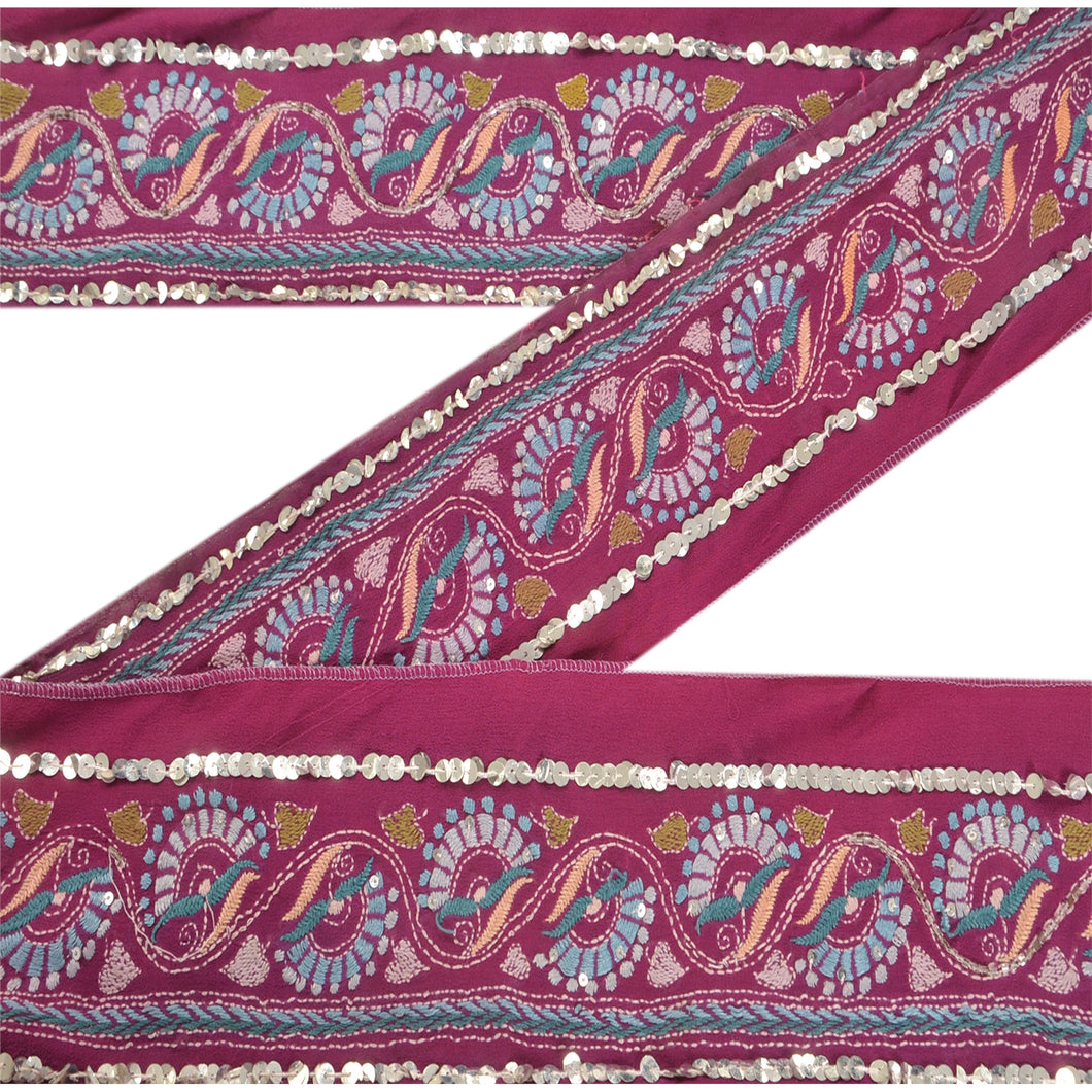 Sanskriti Vintage 7 YD Sari Border Hand Beaded Craft Trim Sewing Purple Lace