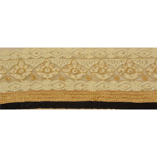 Sanskriti Vintage 1 Yd Sari Border Hand Beaded Trim Craft Cream Rhinestone Lace