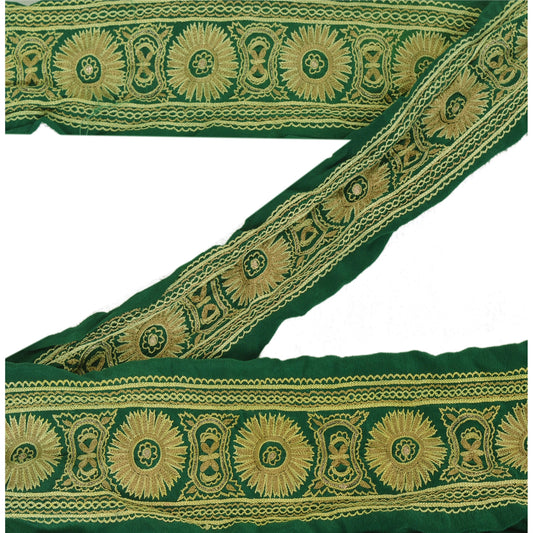 Sanskriti Vintage 1 Yd Sari Border Håndbroderet Kant Syhåndværk Grøn Blonde