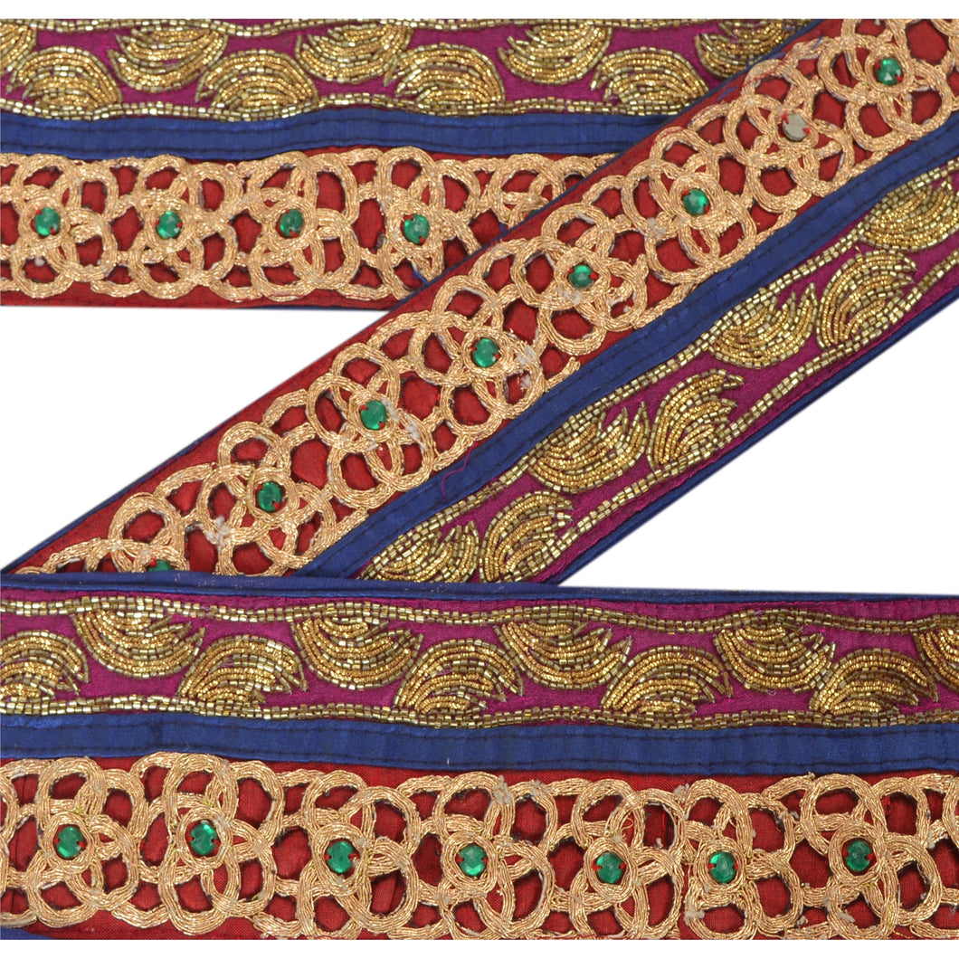 Sanskriti Vintage 8 YD Sari Border Hand Beaded Craft Trim Sewing Blue Lace