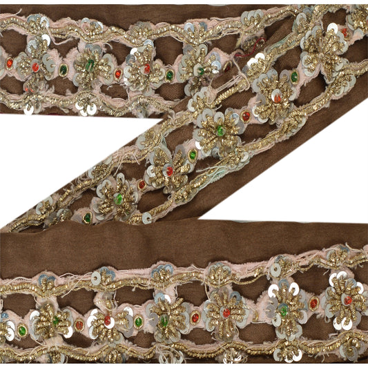 Sanskriti Vintage 1 Yd Sari Border Hand Beaded Craft Trim Ribbon Brown Deco Lace