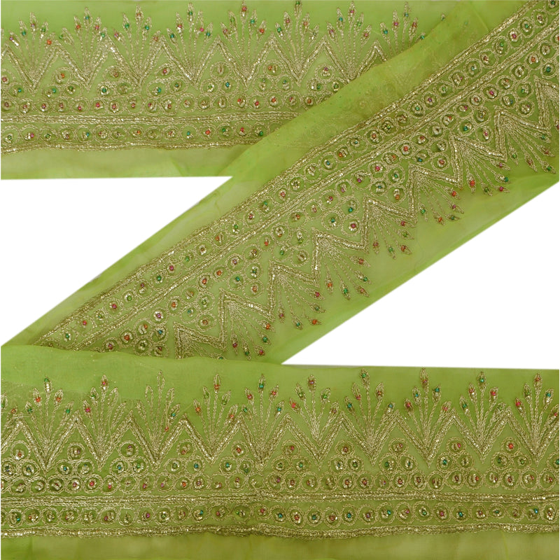 Sanskriti Vintage 1 Yd Sari Border Hand Beaded Craft Trim Sewing Green Zari Lace