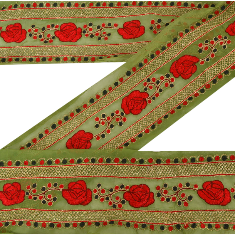 Sanskriti Vintage 1 Yd Sari Border Hand Embroidered Trim Sewing Craft Green Lace