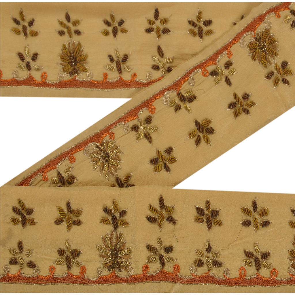 Sanskriti Vintage 1 Yd Sari Bord Håndbroderet Kant Syarbejde Cremefarvet Blonde