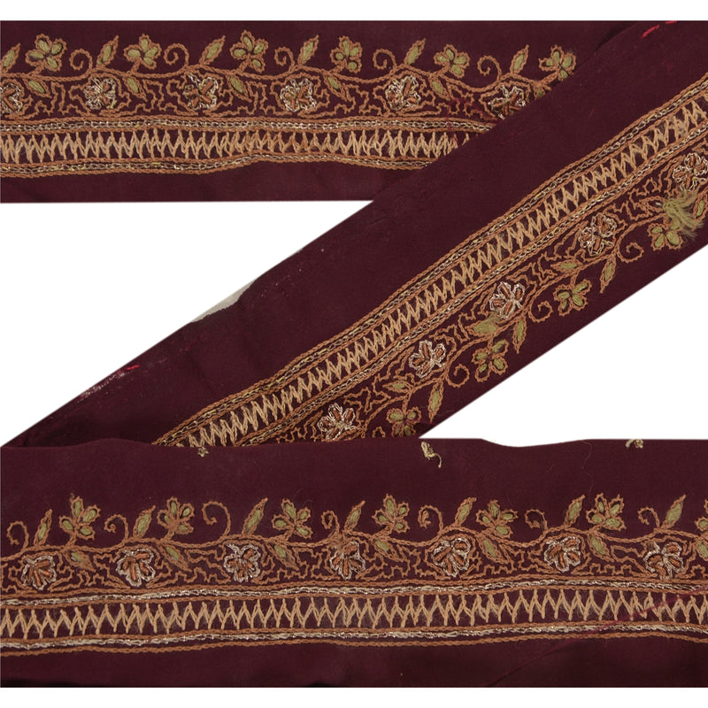 Sanskriti Vintage Hand Beaded Sari Border: Purple Crepe Silk Craft Trim, Zari Lace (1 Yard) upholstery fabric