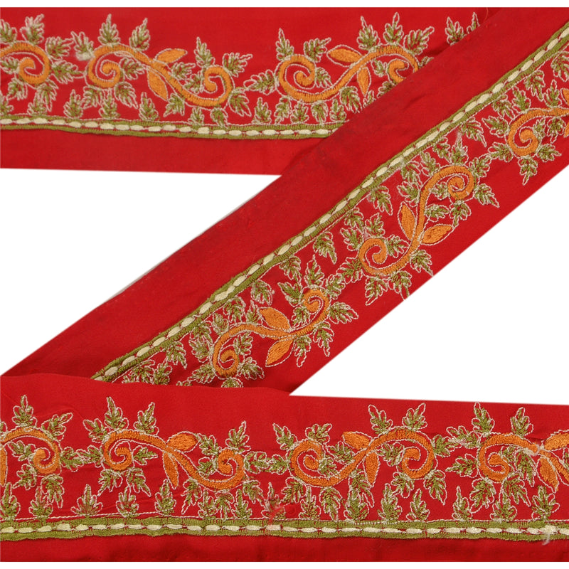 Sanskriti Vintage Red Crepe Silk Sari Border: Embroidered Floral Peacock Trim, 1 Yard upholstery fabric